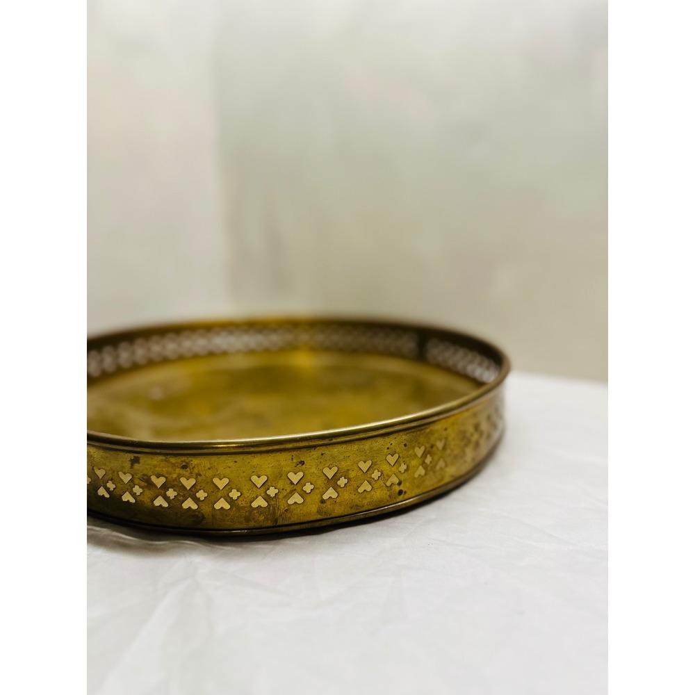 Large Solid Aged Brass Round Tray Heart Cutout Rim 14x2 India